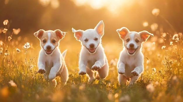 a group of small dogs running in a field with the sun behind them