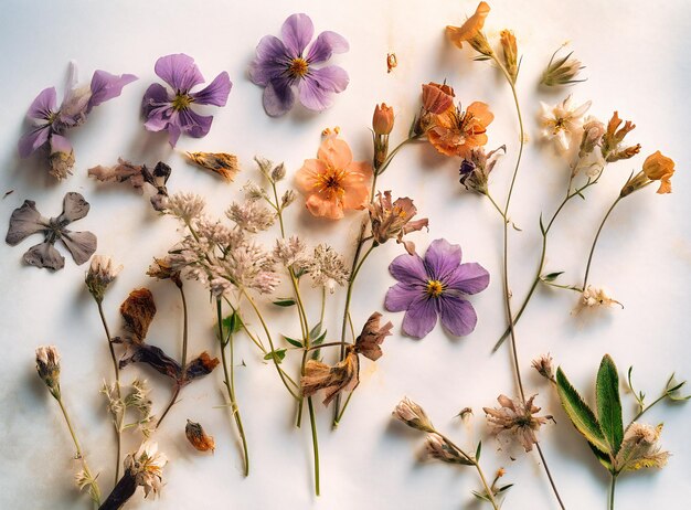 A group of small flowers on a white surface