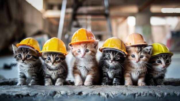 A group of small kittens wearing construction hats