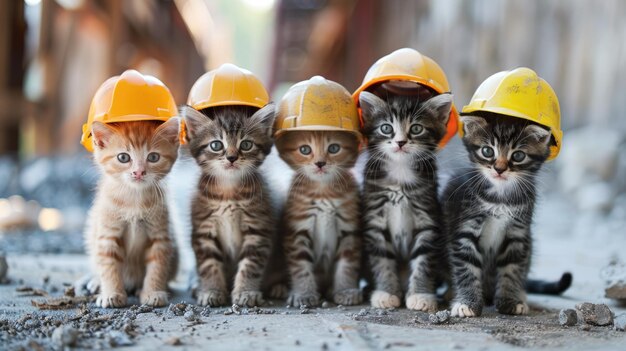 A group of small kittens wearing construction hats