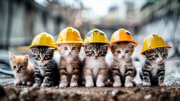 A group of small kittens wearing construction hats