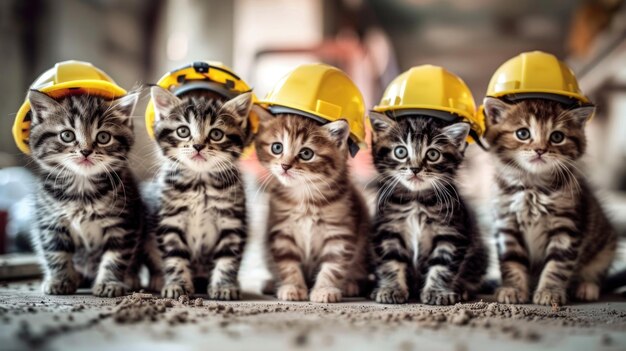 Photo a group of small kittens wearing construction hats