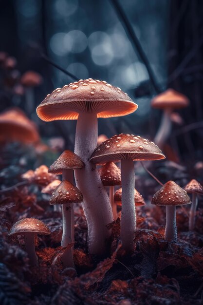 A group of small mushrooms growing on the forest floor and grassxAxA