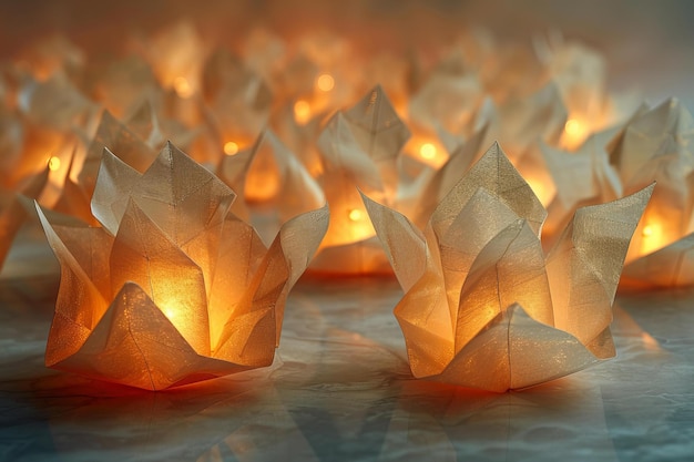 Photo a group of small paper boats with lights around them