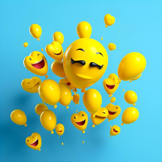 A group of smiley faces are surrounded by balloons and one has a smile on his face.