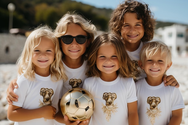 Group of smiling children in matching white shirts with a soccer ball happy and united