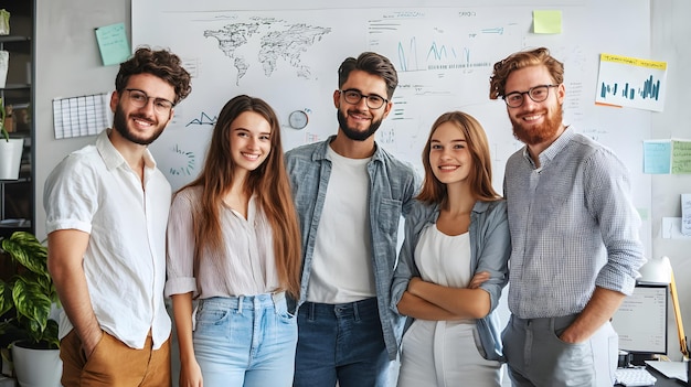 Group of smiling colleagues standing in front of whiteboard with charts and graphs