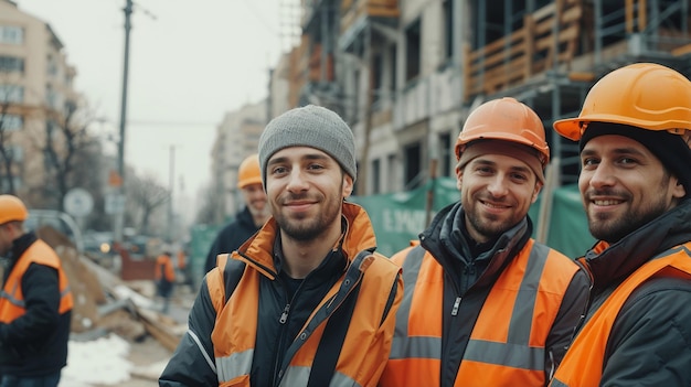 Photo group of smiling construction workers wearing safety vests and helmets standing on a city street near at a construction site in an urban area