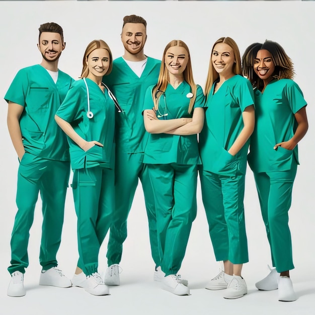 Group of smiling doctors in green scrubs standing together on white background