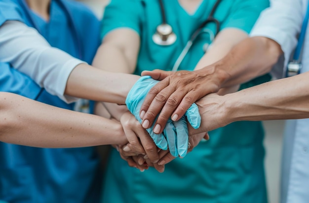 A group of smiling doctors and nurses standingTeam of medical doctors and nurses holding hands toget