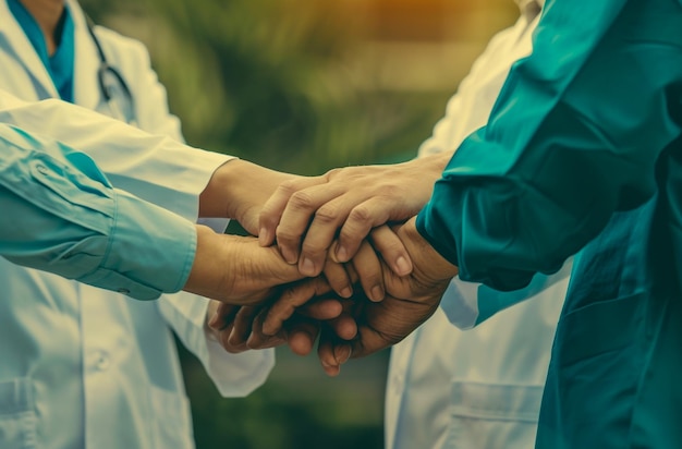 A group of smiling doctors and nurses standingTeam of medical doctors and nurses holding hands together