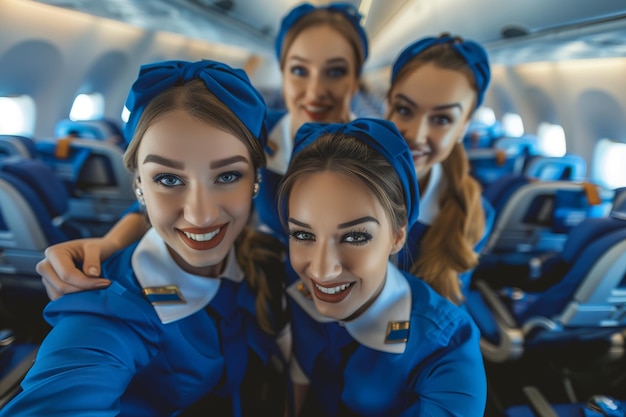 Photo group of smiling flight attendants posing together inside an airplane cabin during a flight