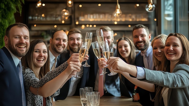 Photo a group of smiling friends raise their champagne glasses in a toast