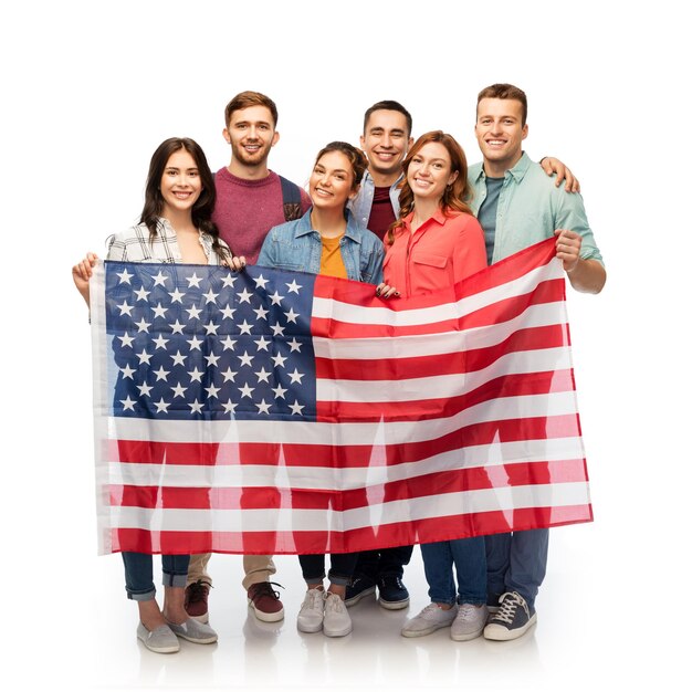 group of smiling friends with american flag