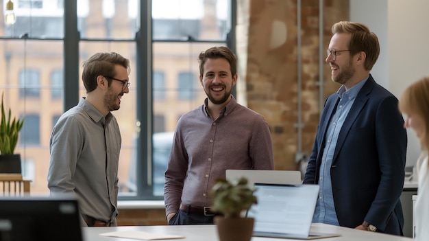 group of smiling male businesspeople working together in an office