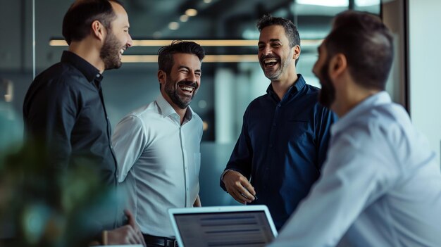 group of smiling male businesspeople working together in an office