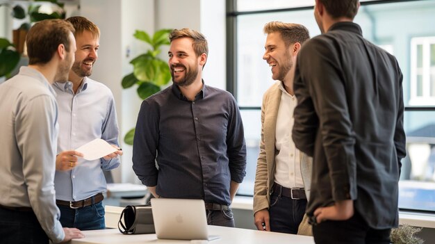 group of smiling male businesspeople working together in an office