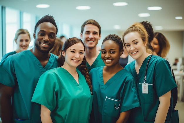 a group of smiling medical workers standing in hospital corridor