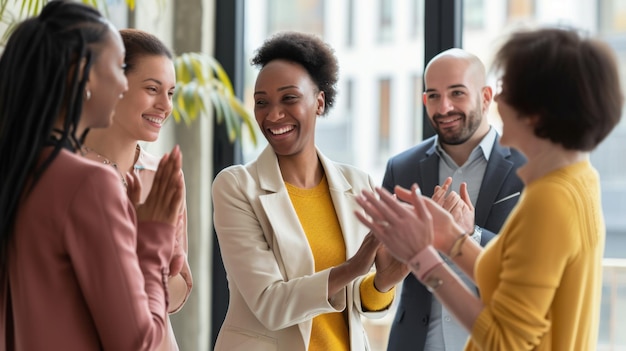 Photo group of smiling professionals is seen celebrating or welcoming a colleague with applause in a bright modern office environment