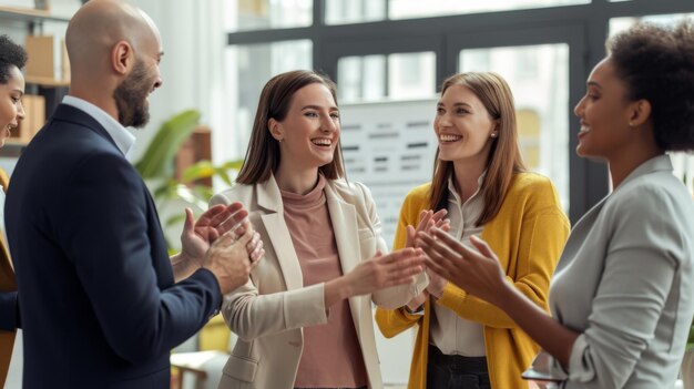 Photo group of smiling professionals is seen celebrating or welcoming a colleague with applause in a bright modern office environment