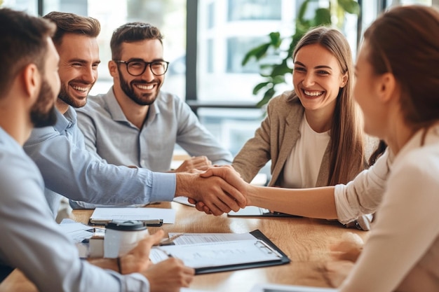 Group of smiling professionals shaking hands after