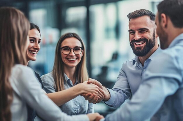 Group of smiling professionals shaking hands after