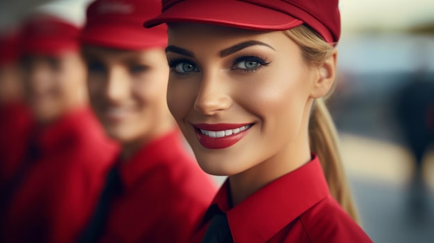 Group of smiling stewardess cabin crew friendly service travel concept