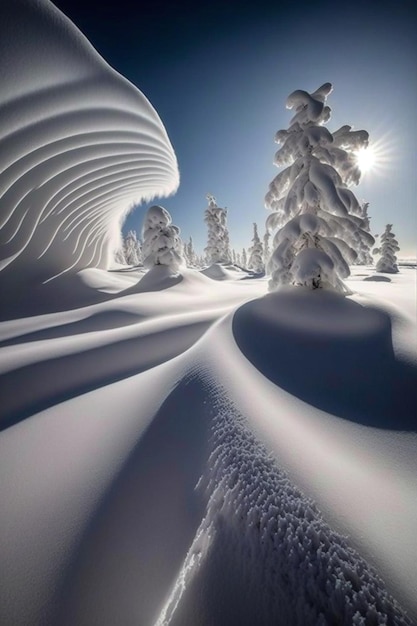 Group of snow covered trees sitting on top of a snow covered slope generative ai