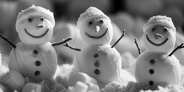 Photo a group of snowmen sit atop a snowy pile ready for winter fun