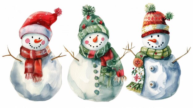 Group of Snowmen with Hats and Scarves