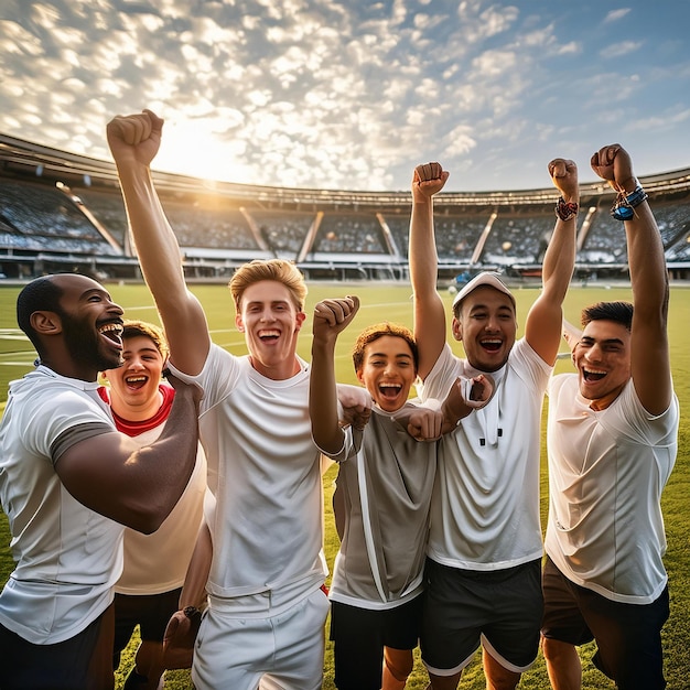 a group of soccer players are celebrating with their arms raised in the air