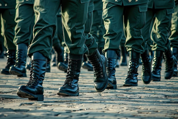 Photo a group of soldiers are standing on a brick road