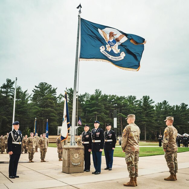 Photo a group of soldiers are standing in front of a flag that says  eagle