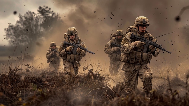 a group of soldiers are walking in a field with a gun in the middle