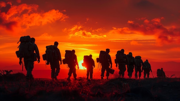 A group of soldiers are walking towards the sunset The sky is red and the clouds are orange The sold