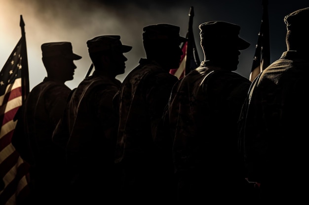 A group of soldiers in a dark room with the words army on the back.