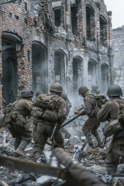 Group of soldiers in a destroyed building suitable for military or warthemed projects