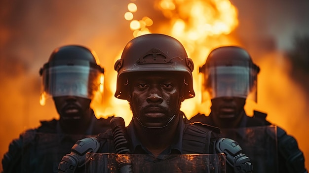 a group of soldiers in front of a burning background with flames in the background