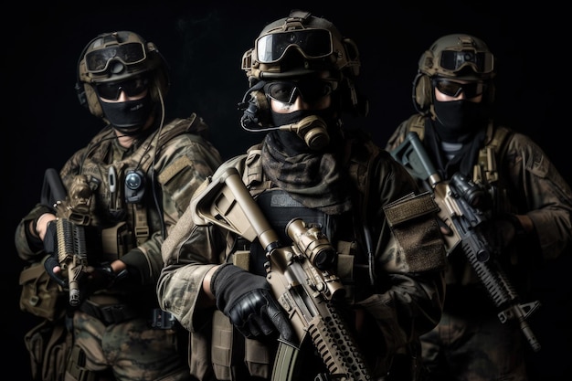 Group of soldiers in full gear with assault rifle and gas mask on black background Special Forces Military Unit in Full Tactical Gear AI Generated