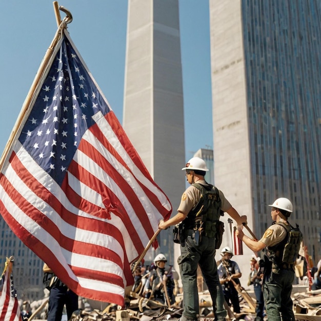 a group of soldiers holding a american flag in front of a building