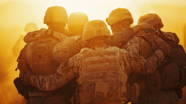 A group of soldiers huddle closely arminarm facing the sunrise signifying unity and strength