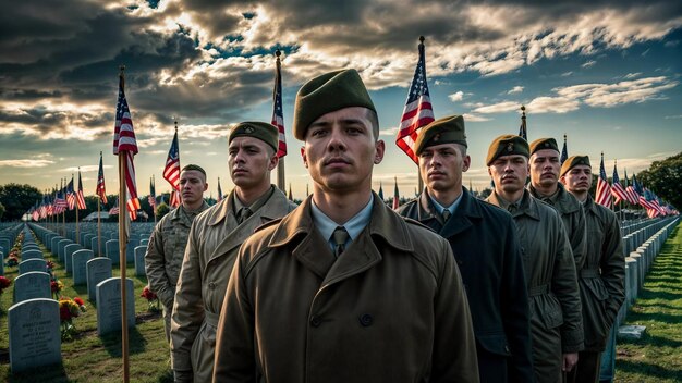 A group of soldiers is standing in front of a flag