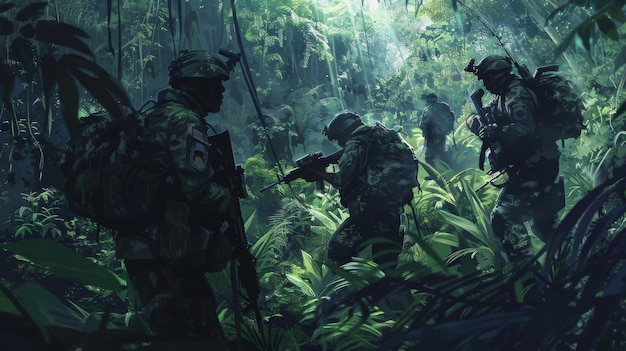 a group of soldiers in a jungle with a gun in the corner