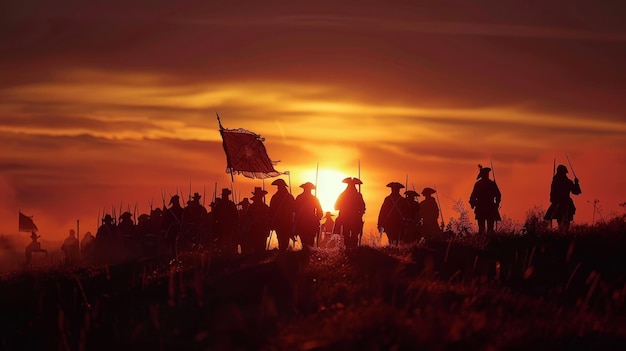 A group of soldiers march toward the viewer at sunset