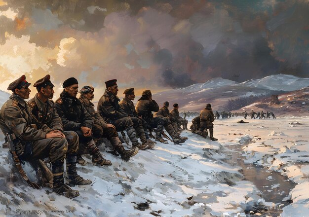 Photo a group of soldiers sitting on a snowy mountainside