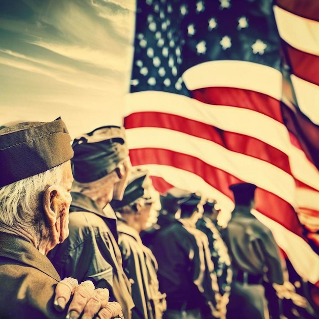 A group of soldiers stand in front of a flag that says'the flag is visible '