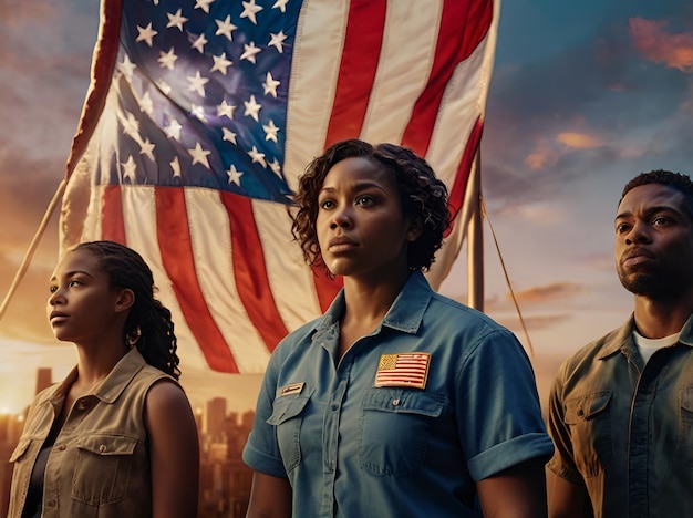 a group of soldiers stand in front of a flag that says united states