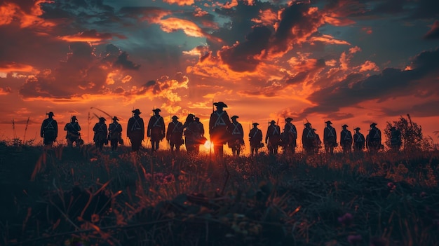 A group of soldiers standing in a field at sunset