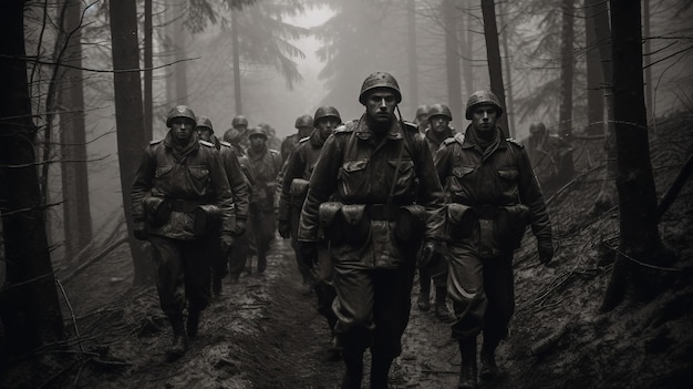 A group of soldiers walking through a forest