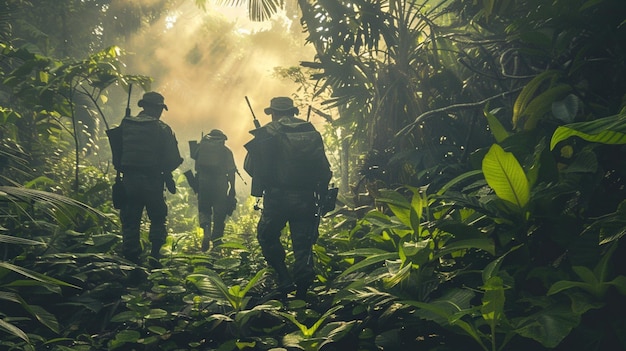 a group of soldiers walking through a jungle with the sun shining through the trees